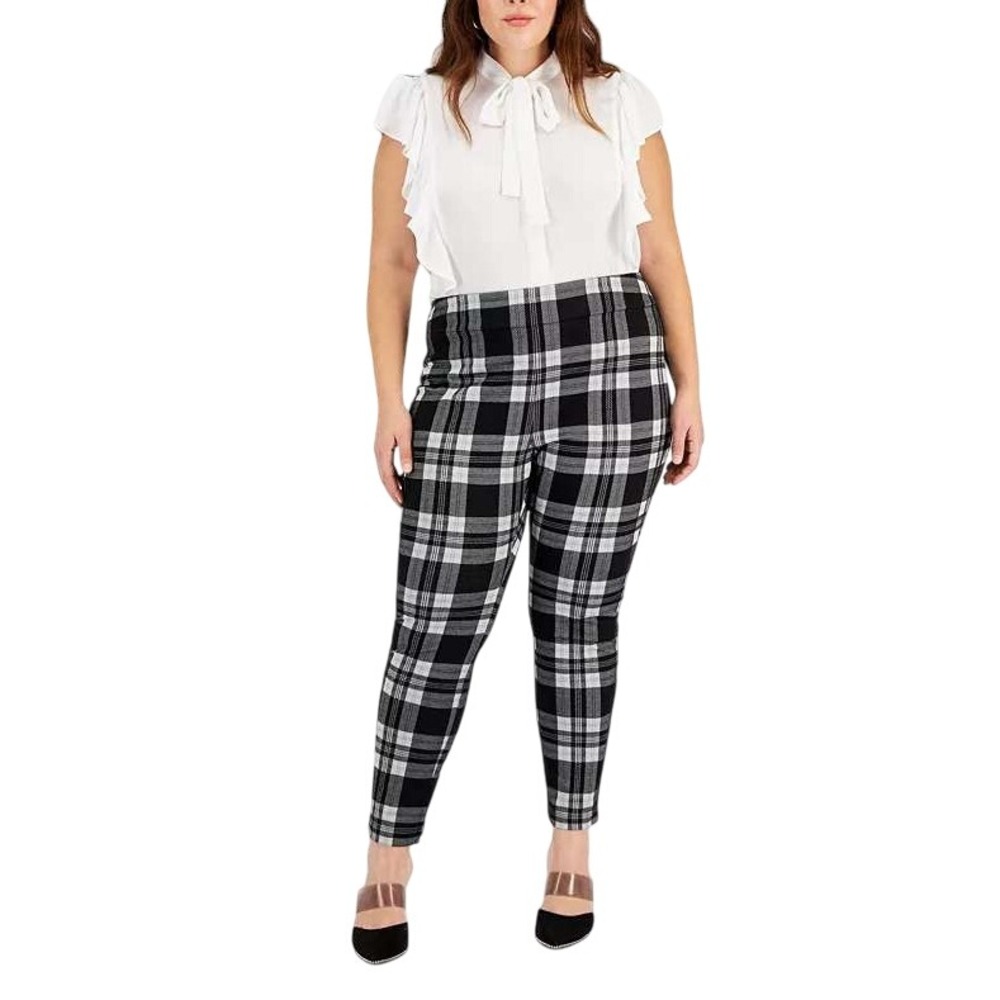 PLUS 2X XXL BAR III Stretch Plaid black white womens casual career pants tapered